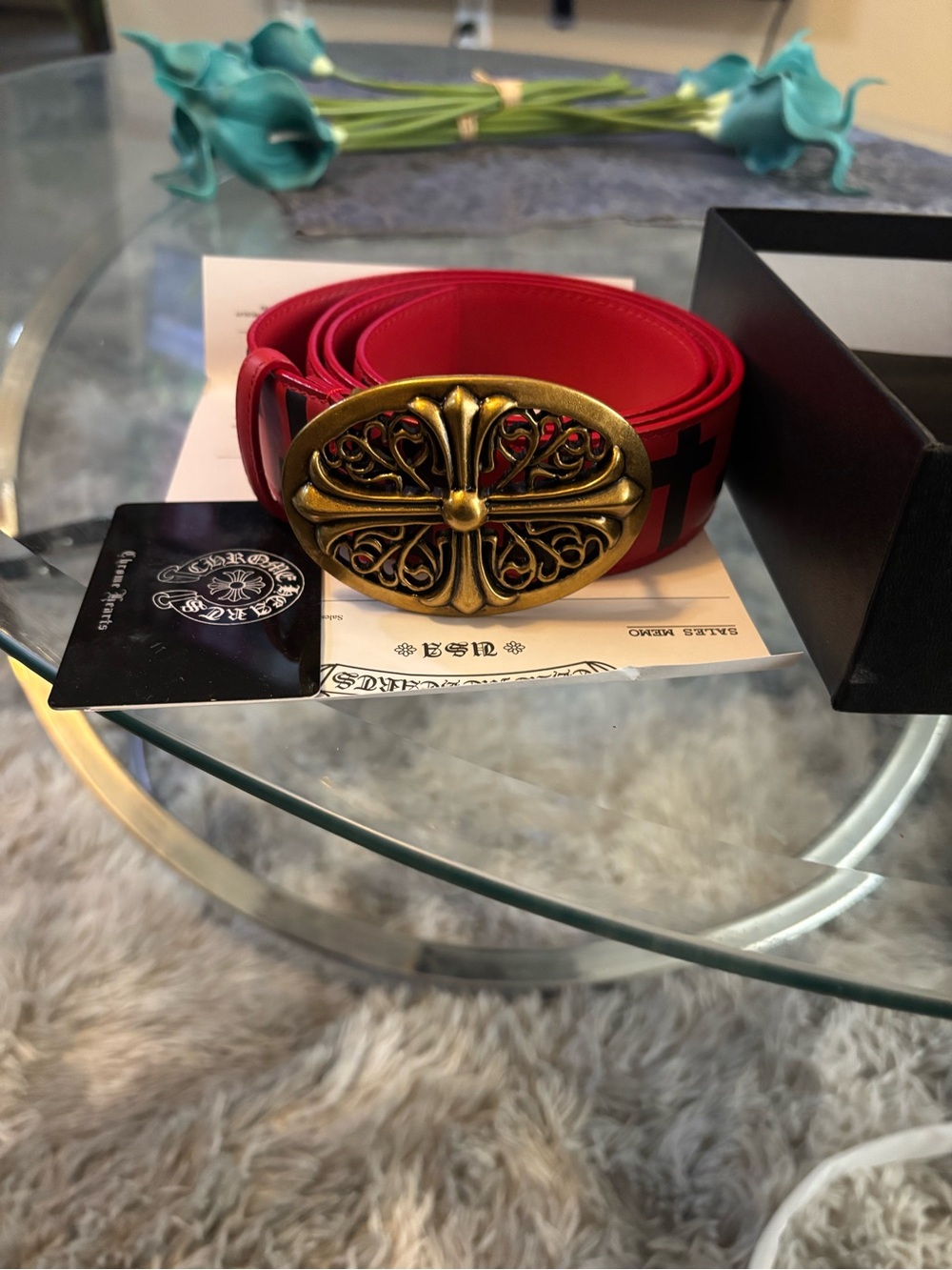 Chrome Hearts Red Leather Belt with Ornate Gold Buckle